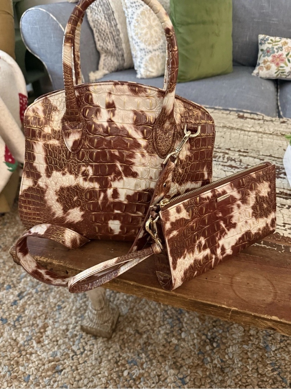 Brahmin Brown and Cream Croc-Embossed Satchel with Wristlet